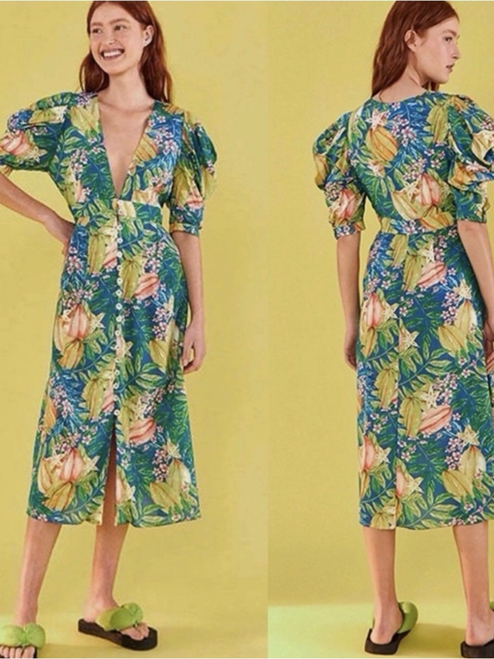 FARM Rio Blue and Yellow Tropical Puff-Sleeve Midi Dress - Picture 2 of 13